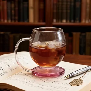 Taza de café moderna de cristal flotante resistente al calor con asa y base rosa sobre partitura