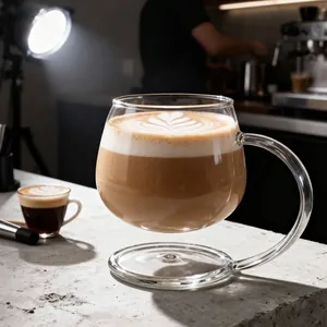 Taza de café flotante de vidrio borosilicato con asa curva única y detalle latte art