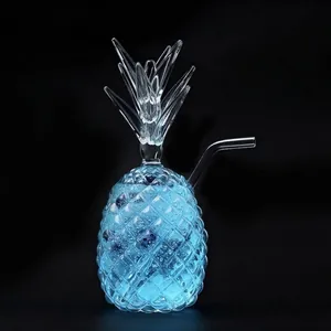 Creative pineapple shaped glass cocktail cup with relief design and glass straw