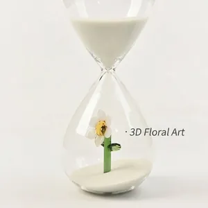 Creative 30-minute glass hourglass timer featuring a 3D flower sculpture decoration.