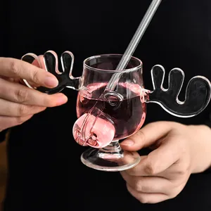 Tazza Alce in Vetro Borosilicato Creativo Simpatico Biciclo d'Acqua con Corna Regalo di Natale Bicchiere Trasparente