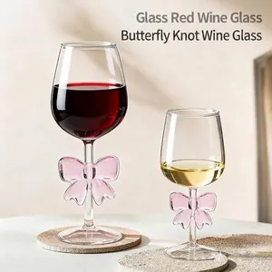 Creative Borosilicate Glass Red Wine Glass Pink Bow Champagne Flute Romantic Gift Glassware For Valentine Day Wedding Party
