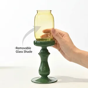 Zen-Stil grüner Glas-Kerzenhalter mit abnehmbarer gelber Glasabdeckung für die Heimdekoration.