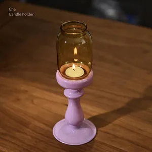 Zen-Stil Kerzenhalter aus lila Keramik mit bernsteinfarbenem Glas für Teezimmer