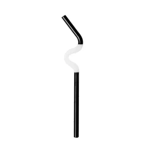 Artistic curved glass straw in black and white minimalist design for reusable beverage use