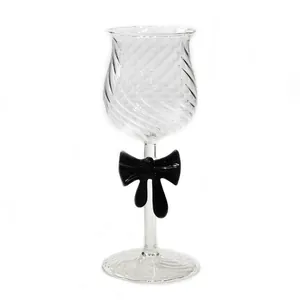 Elegant high borosilicate glass wine goblet with romantic black bow tie ornament