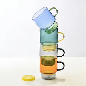 Set of artistic stackable heat-resistant colorful glass mugs for coffee milk and tea