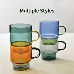 Stackable heat-resistant colorful glass mugs for coffee and tea, modern artistic design style