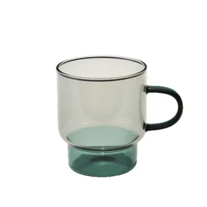 Modern stackable heat-resistant glass coffee mug with smoke grey and teal dual-tone design