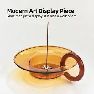 Minimalist amber glass incense burner holder with ring handle for home aromatherapy