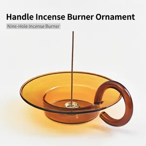 Minimalist amber glass incense burner holder with metal 9-hole insert for home decor