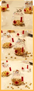 Detailed view of traditional Maneki-Neko glass jar with cork lid filled with gold beans