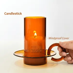 European Vintage Glass Candlestick Holder with Ring Handle Transparent Amber Borosilicate Glass Candle Cup Home Wedding Decor