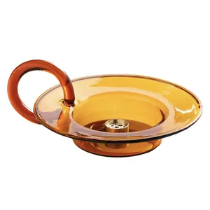 Elegant amber glass incense holder and candle stick with metal insert for home decor