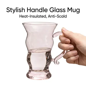 Elegant pink borosilicate glass cup with a unique wavy shape and vintage handle