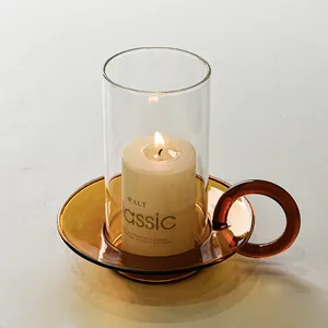 European amber glass candle holder with handle and hurricane shade for home decor