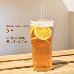 High borosilicate glass straw cup with lid for iced coffee and fruit tea