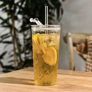 Elegant ins style high borosilicate glass cup with lid and straw for iced coffee