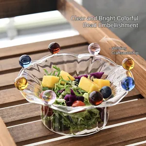 Ins Style Girlish Heart Crown Glass Salad Bowl Heat Resistant Dessert Cup With Colored Beads Butterfly Decoration For Fruit Yogurt Ice Cream Home Kitchen Tableware