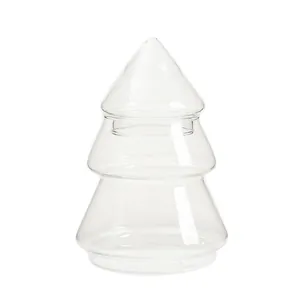 Creative Christmas tree shaped glass storage jar with lid for candies and home decor.