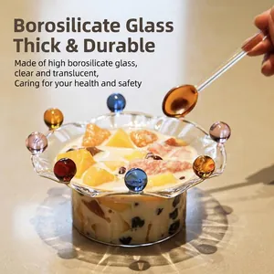 Creative crown-shaped high borosilicate glass dessert bowl with colored beads and spoon