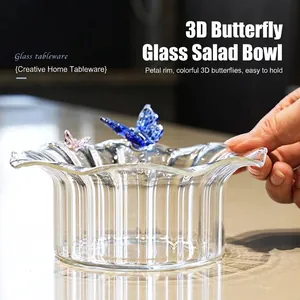 Elegant clear glass salad bowl featuring 3D butterfly decor and petal-shaped rim