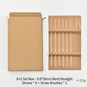 Eco-friendly glass straw set with 6 straws and 2 cleaning brushes in kraft box