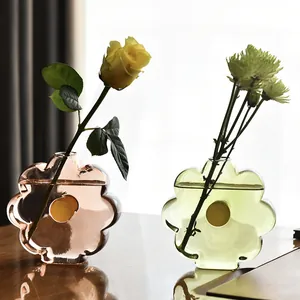 Pair of creative flower-shaped colored glass vases for minimalist home decor with flowers