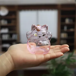 Mini pot de stockage en verre chat chanceux rose avec bouchon en liège naturel