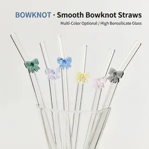 Hand Blown Borosilicate Glass Straw With Colorful Bowknot Decoration Reusable Heat Resistant Curved Drinking Straw For Coffee