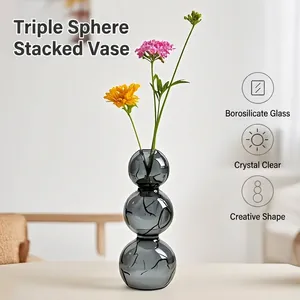 Vase en Verre Bulle Minimaliste Moderne Nordique à Trois Sphères Empilées Vase à Fleurs Hydroponique Gris Élégant Décor de Table