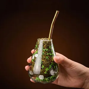 Tasse à Maté Argentin Double Paroi en Verre Borosilicaté Avec Décoration de Fleurs Stabilisées Paille Filtre en Acier Inoxydable