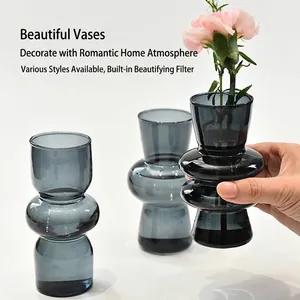 Franse Vintage Rookgrijs Glazen Vaas Hoog Borosilicaatglas Hydrocultuur Bloempot Woonkamer Minimalistisch Bureaublad Ornament