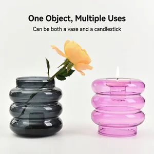 Modern ribbed glass dual-purpose candle holder and flower vase in pink and grey