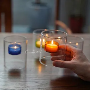 Portacandele Creativo in Vetro Borosilicato Antivento Europeo Cavo a Doppio Strato Candeliere per Decorazione Tavolo Casa