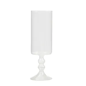 Elegante vaso cilindrico in vetro con stelo a perline e ampia base circolare