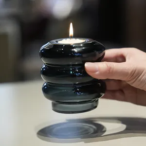 Elegant modern smoke grey ribbed glass candle holder for tea lights and home atmosphere decor