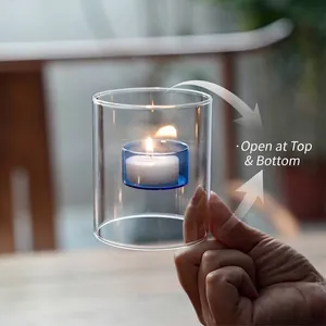Elegante portacandele in vetro antivento con inserto blu per candelina sospesa
