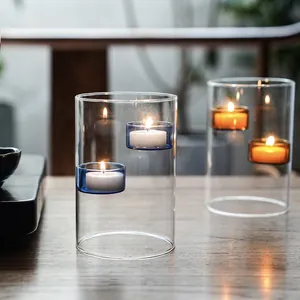 Portavelas cilíndrico de vidrio resistente al viento con soportes para velas de té