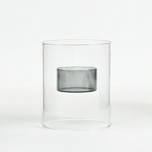 Portacandele moderno in vetro trasparente con tazza interna in vetro grigio fumé
