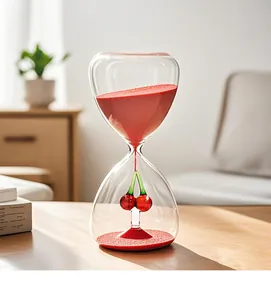 Detalle de un temporizador de reloj de arena de vidrio de 15 minutos con cereza roja