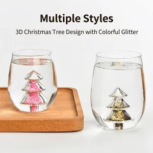 Creative Christmas tree glass cup with 3D internal colorful sequins for milk or juice
