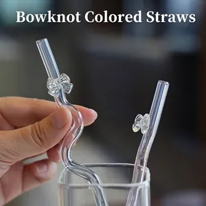 Handmade Borosilicate Glass Drinking Straw With Cute Butterfly Bowknot Heat Resistant Reusable Ins Style Straw For Juice Milk