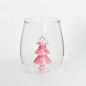 Creative glass cup with internal 3D Christmas tree and pink sequins