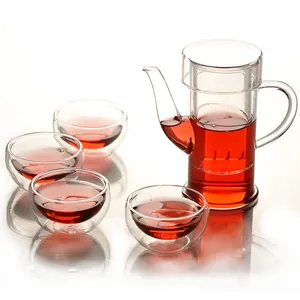 Heat resistant borosilicate glass tea set with teapot and four double walled cups