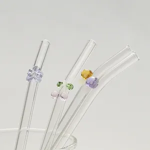 Reusable high borosilicate glass straws with cute colorful butterfly and cherry decor