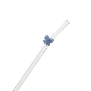 High-quality clear glass drinking straw with a minimalist blue frosted bow decoration