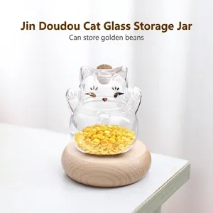 Mini Tirelire en Verre Forme Chat Jarre de Rangement Haricots d'Or Avec Base en Bois Bouchon de Liège Bouteille Cadeau