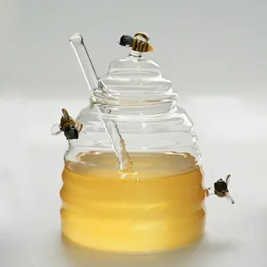 Creative Beehive Shape High Borosilicate Glass Honey Jar with Bee Decor Lid and Glass Dipper Clear Syrup Pot for Kitchen Decor