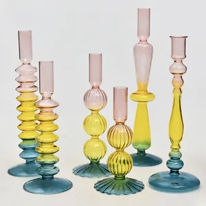 European Creative Colored Glass Candlestick Retro Contrast Gradient Candle Holder Home Decor Wedding Photography Props